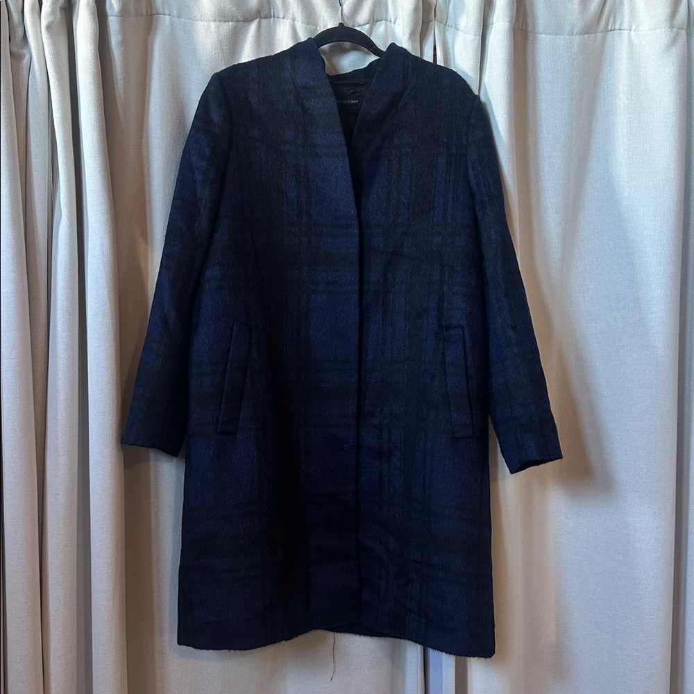 Eileen Fisher Drapey Suri Alpaca Blue Plaid Knee Length Coat MEDIUM NWOT